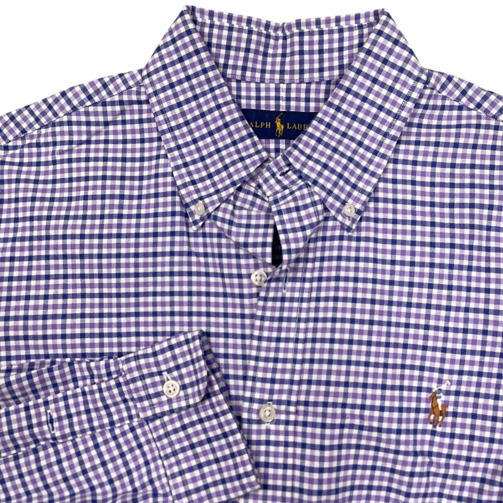 Ralph Lauren Mens Men Purple Gingham Check Cotton Long Sleeve Preppy Classic